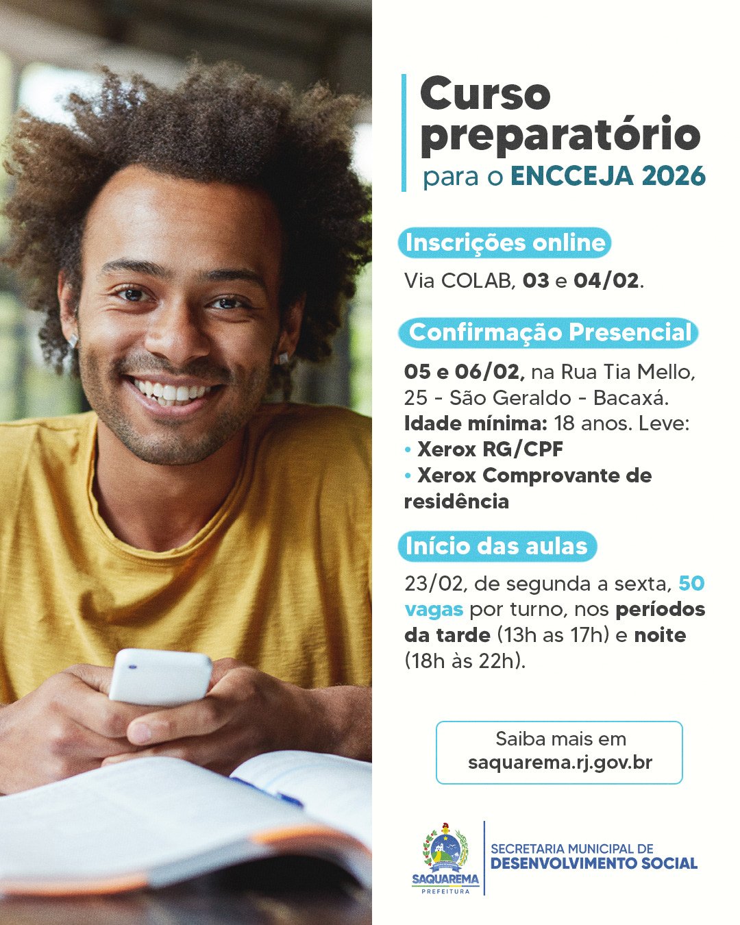 Prefeitura divulga Curso Preparatório para o ENCCEJA 2026 em Saquarema