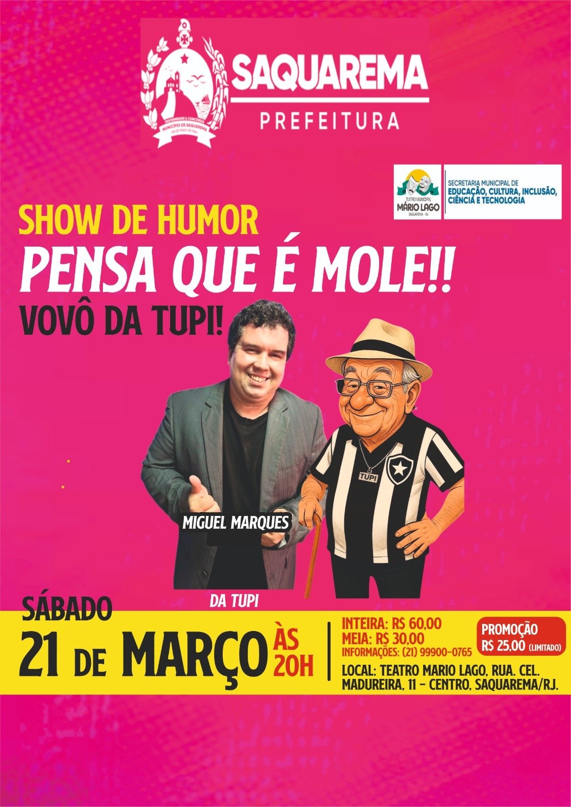Saquarema: Teatro Mário Lago terá comédia e espetáculo infantil de mágica