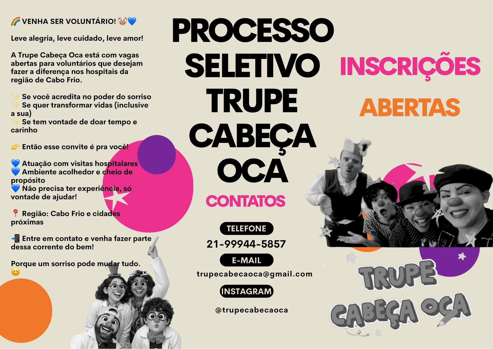 Trupe Cabeça Oca abre inscrições para voluntários em hospitais da Região dos Lagos